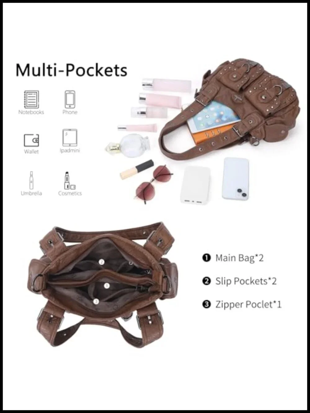 Vegan Leather Hobo Bag Multi Pocket Studded Y2K Shoulder Tote Handbag